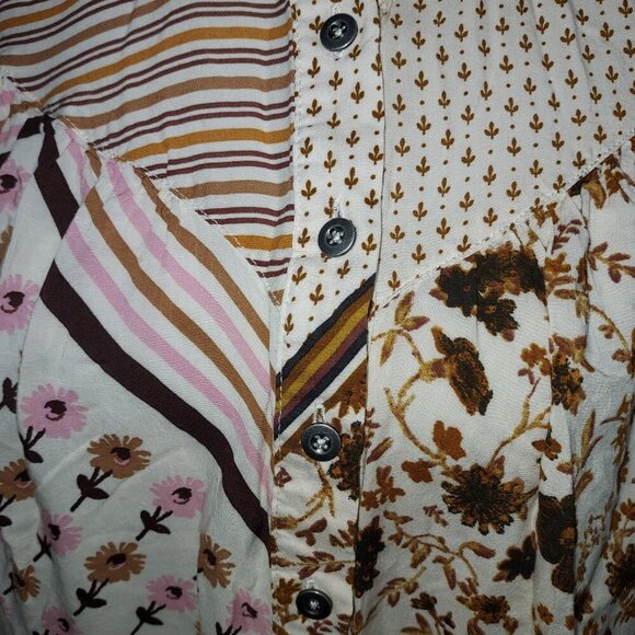 Free People Hazel Patchwork Button Down Blouse in Tea Combo Size XS - Picture 5 of 13